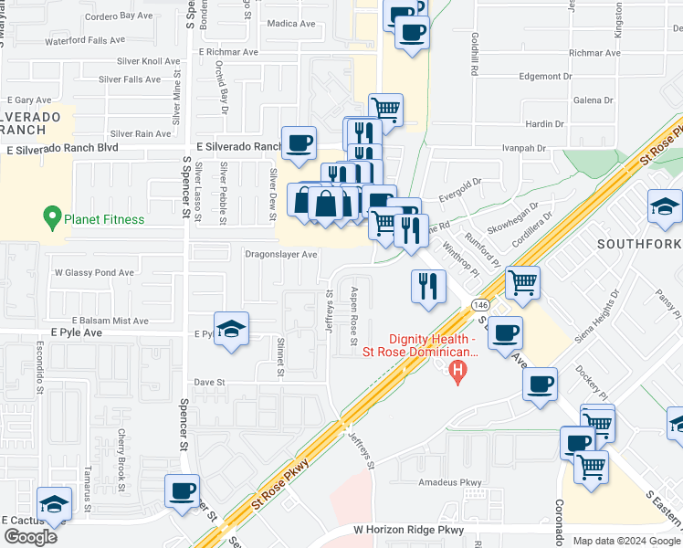 map of restaurants, bars, coffee shops, grocery stores, and more near 2306 Yellowstone Creek Drive in Las Vegas