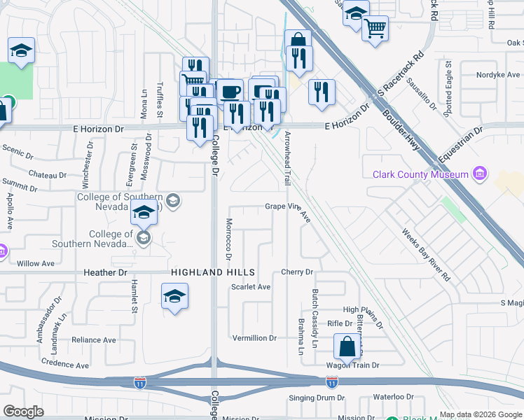 map of restaurants, bars, coffee shops, grocery stores, and more near 791 Grape Vine Avenue in Henderson