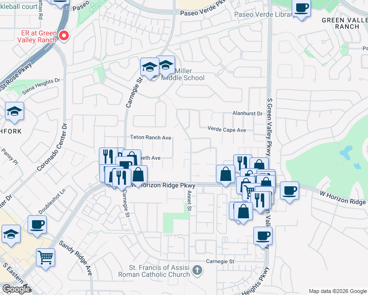 map of restaurants, bars, coffee shops, grocery stores, and more near 2266 Morning Mesa Avenue in Henderson