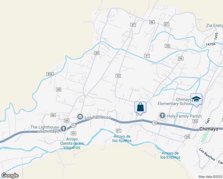 map of restaurants, bars, coffee shops, grocery stores, and more near 102 County Road 92 in Chimayo