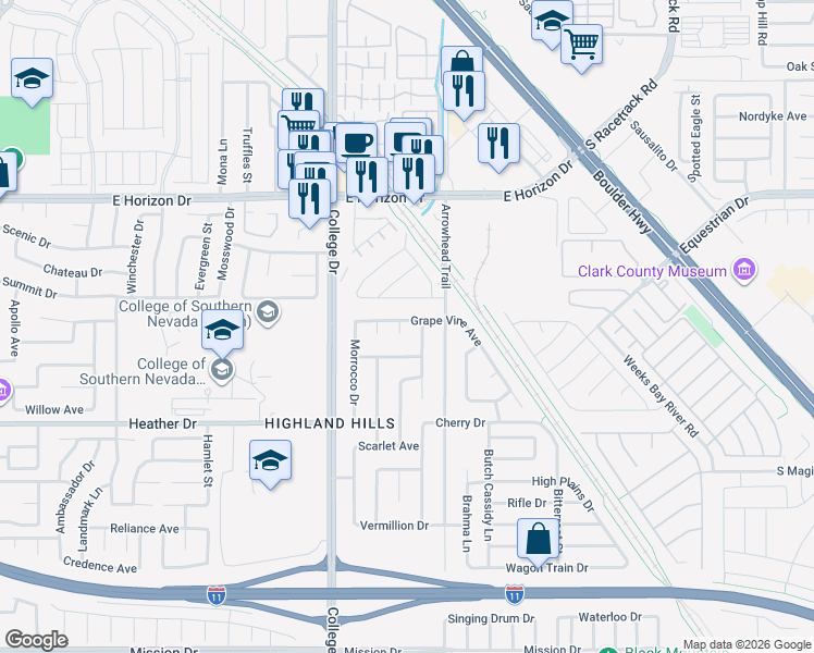 map of restaurants, bars, coffee shops, grocery stores, and more near 791 Grape Vine Avenue in Henderson