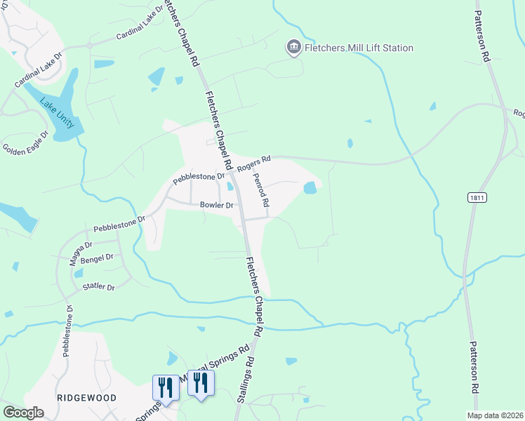 map of restaurants, bars, coffee shops, grocery stores, and more near 1808 Penrod Road in Durham