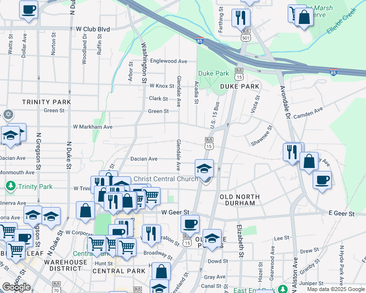 map of restaurants, bars, coffee shops, grocery stores, and more near 1400 Glendale Avenue in Durham