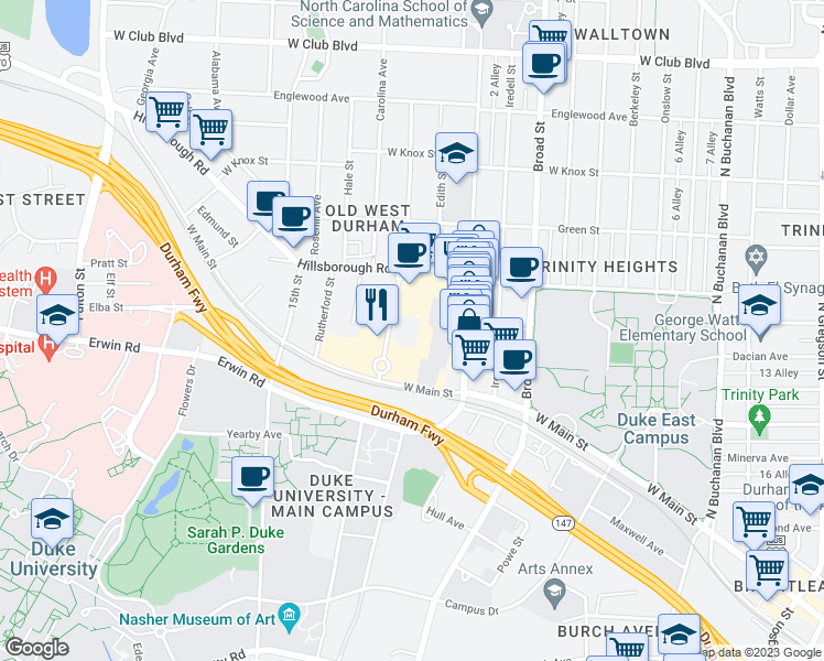 map of restaurants, bars, coffee shops, grocery stores, and more near 749 9th Street in Durham