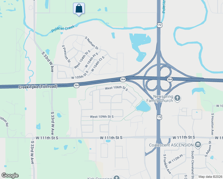 map of restaurants, bars, coffee shops, grocery stores, and more near 3704 West 106th Street South in Jenks