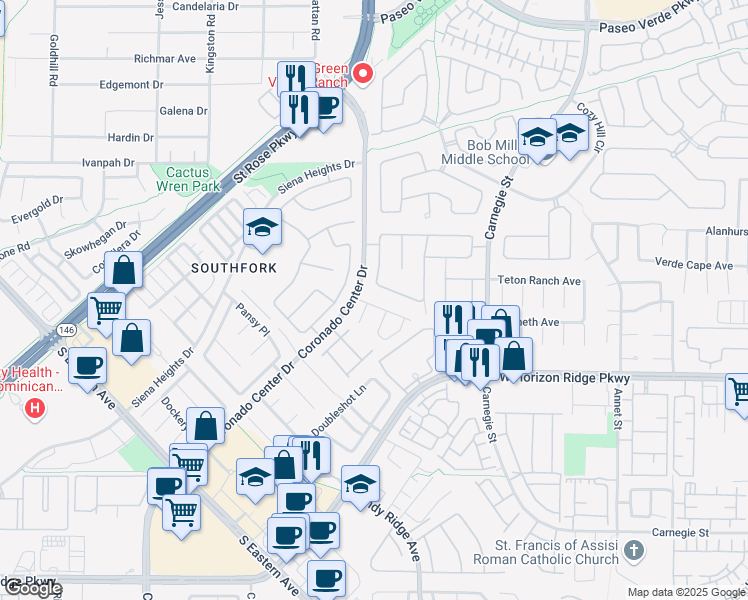 map of restaurants, bars, coffee shops, grocery stores, and more near 2586 Highland Cliff Drive in Henderson