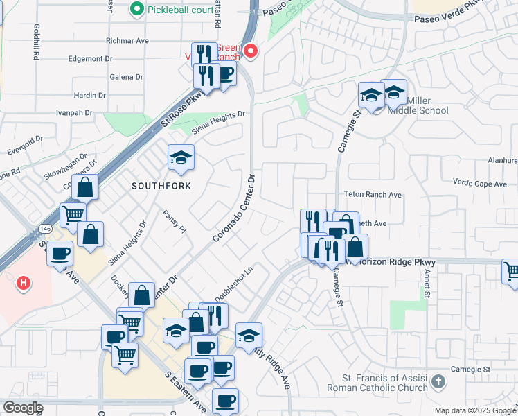 map of restaurants, bars, coffee shops, grocery stores, and more near 2586 Highland Cliff Drive in Henderson