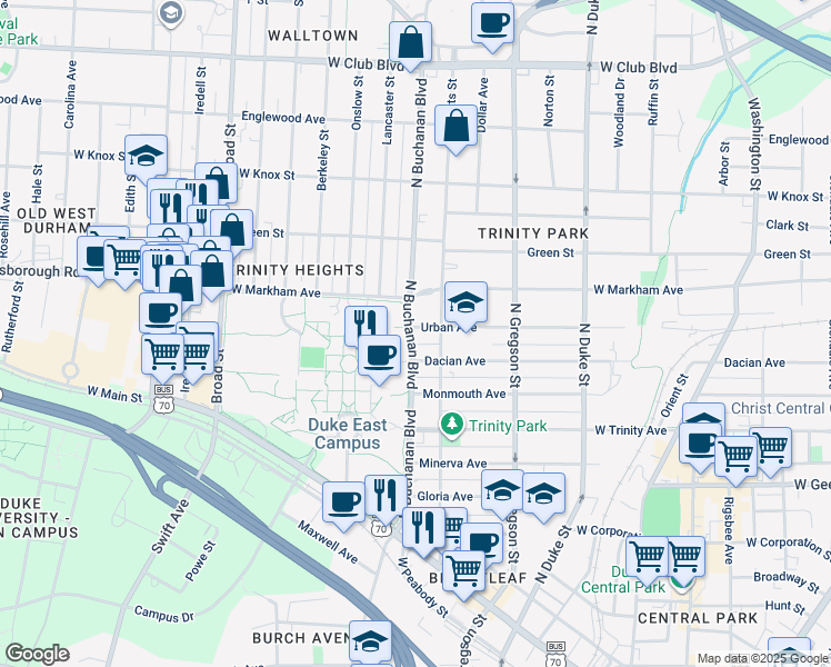 map of restaurants, bars, coffee shops, grocery stores, and more near 1111 Urban Street in Durham