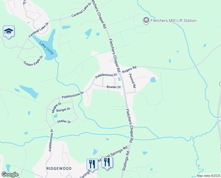 map of restaurants, bars, coffee shops, grocery stores, and more near 1004 Bowler Drive in Durham