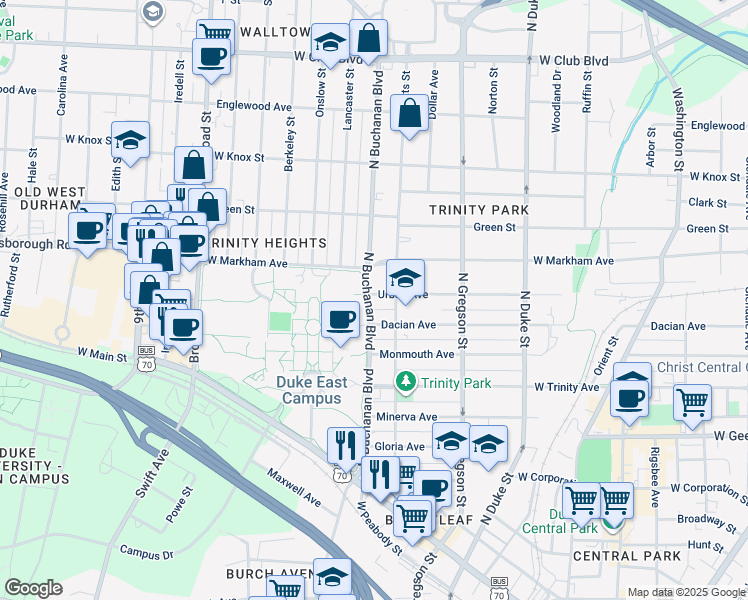 map of restaurants, bars, coffee shops, grocery stores, and more near 1111 Urban Street in Durham