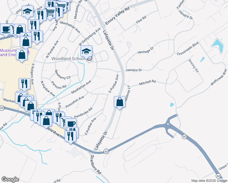 map of restaurants, bars, coffee shops, grocery stores, and more near 119 South Purdue Avenue in Oak Ridge
