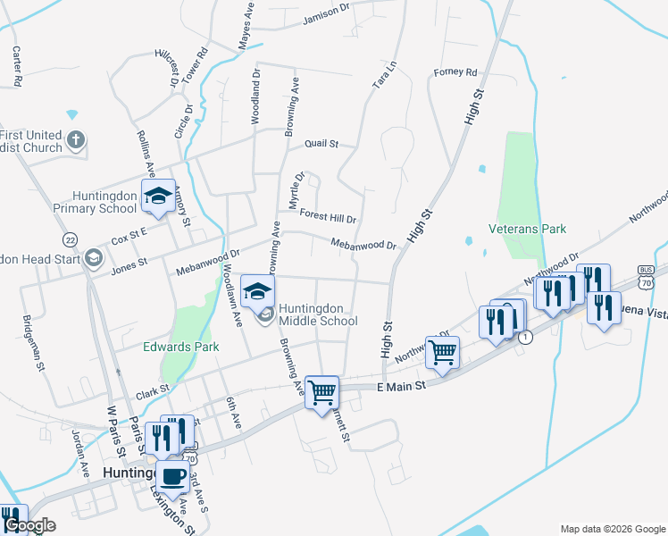 map of restaurants, bars, coffee shops, grocery stores, and more near 384 Mebanwood Drive in Huntingdon