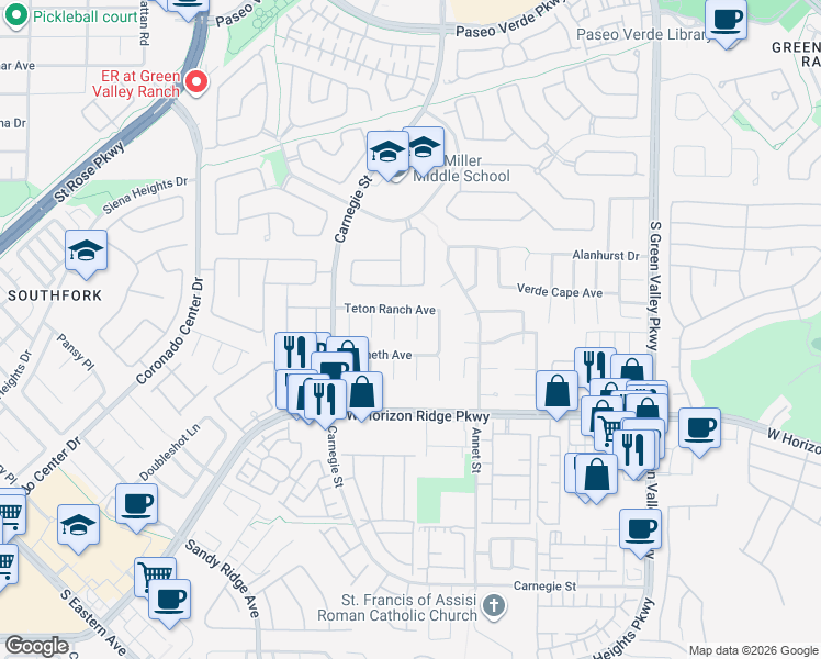 map of restaurants, bars, coffee shops, grocery stores, and more near 500 Short Crest Court in Henderson