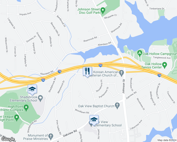 map of restaurants, bars, coffee shops, grocery stores, and more near 3806 Westfield Street in High Point