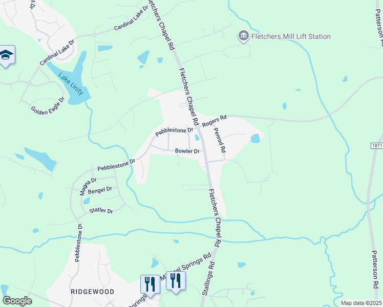 map of restaurants, bars, coffee shops, grocery stores, and more near 1102 Bowler Drive in Durham