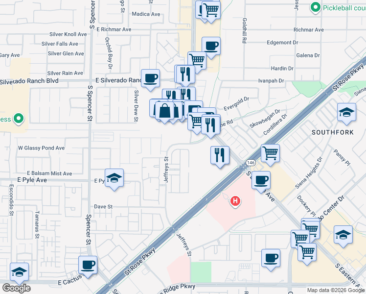 map of restaurants, bars, coffee shops, grocery stores, and more near 2362 Yellowstone Creek Drive in Las Vegas