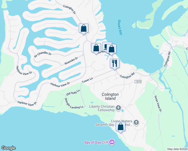map of restaurants, bars, coffee shops, grocery stores, and more near 105 Lenwood Court in Kill Devil Hills