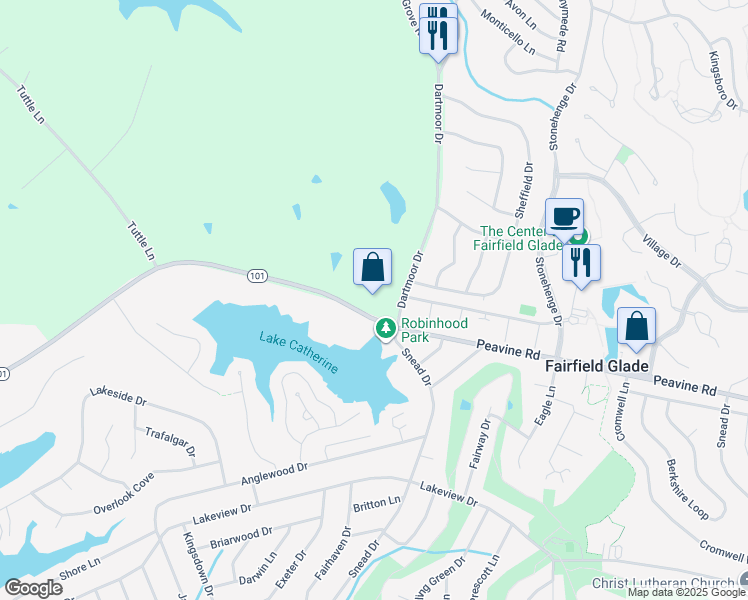 map of restaurants, bars, coffee shops, grocery stores, and more near 6677 Peavine Road in Crossville