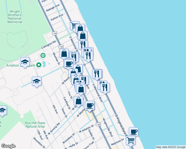 map of restaurants, bars, coffee shops, grocery stores, and more near 913 South Virginia Dare Trail in Kill Devil Hills
