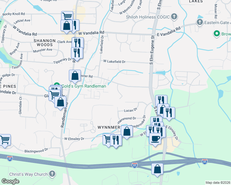 map of restaurants, bars, coffee shops, grocery stores, and more near 18 Sails Way in Greensboro