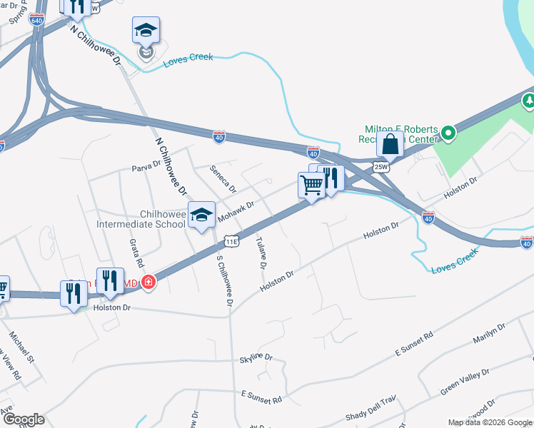 map of restaurants, bars, coffee shops, grocery stores, and more near 102 Seminole Drive in Knoxville