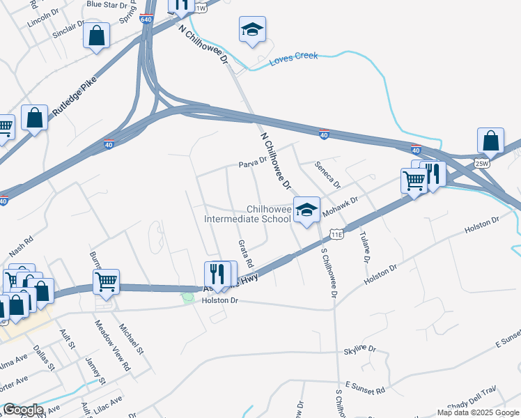 map of restaurants, bars, coffee shops, grocery stores, and more near 4999 Silva Drive in Knoxville