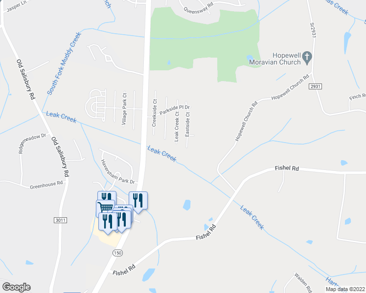 map of restaurants, bars, coffee shops, grocery stores, and more near 4082 Eastside Court in Winston-Salem