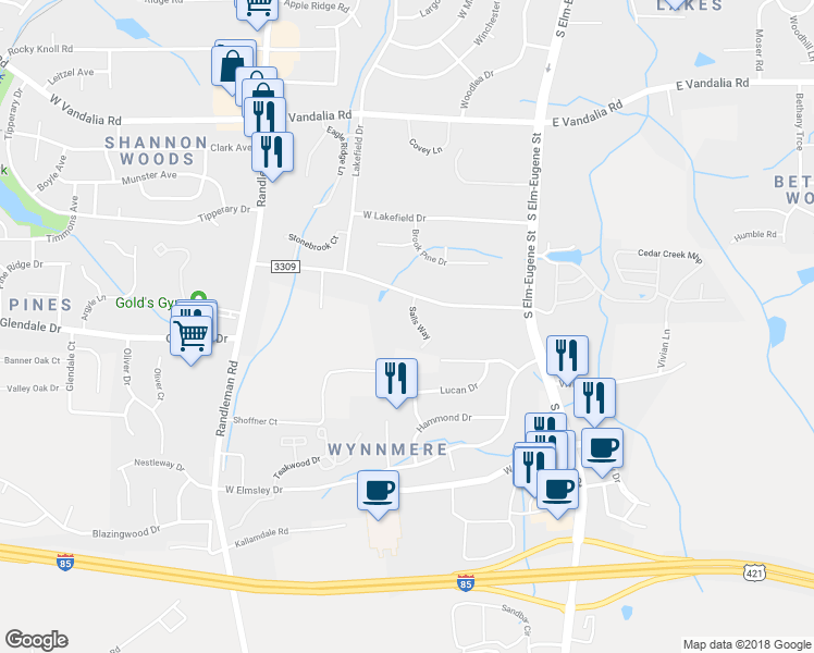 map of restaurants, bars, coffee shops, grocery stores, and more near 1 Sails Way in Greensboro