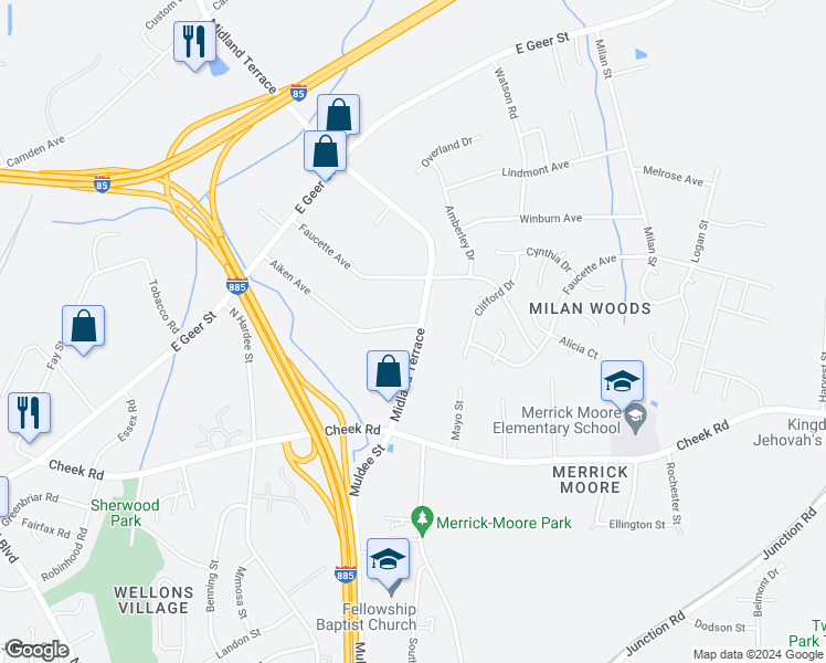 map of restaurants, bars, coffee shops, grocery stores, and more near 2124 Aiken Avenue in Durham