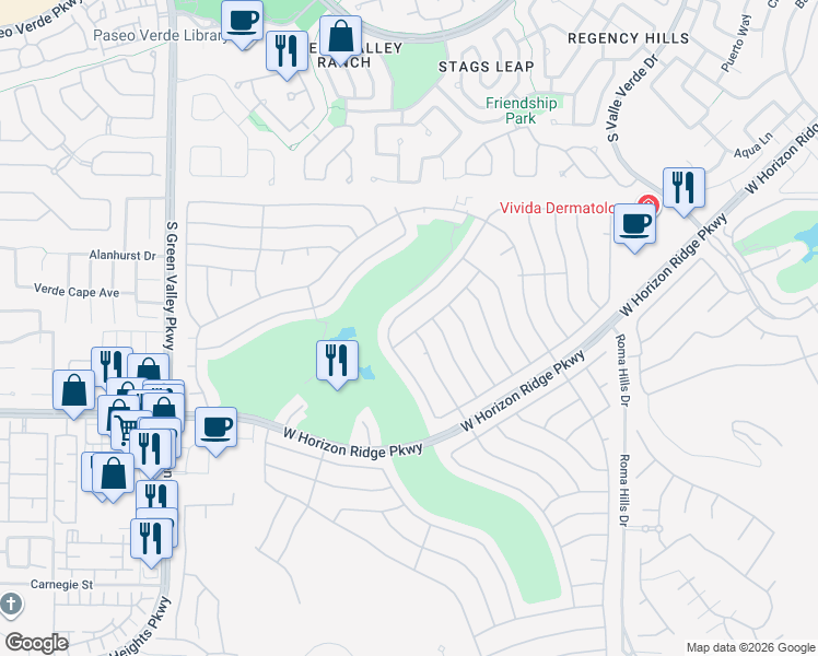 map of restaurants, bars, coffee shops, grocery stores, and more near 2112 Joy Creek Lane in Henderson