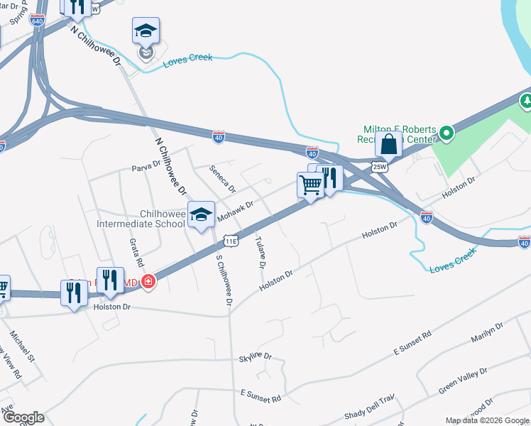 map of restaurants, bars, coffee shops, grocery stores, and more near 102 Seminole Drive in Knoxville