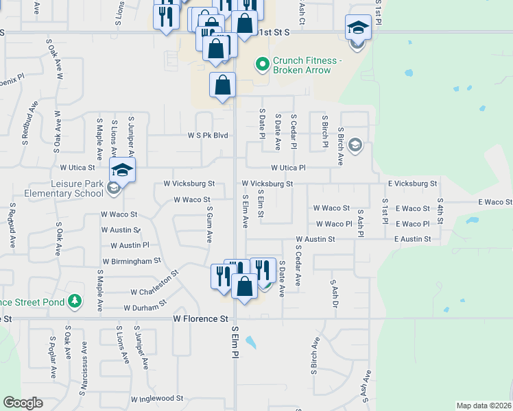 map of restaurants, bars, coffee shops, grocery stores, and more near 4312 South Elm Street in Broken Arrow