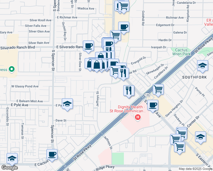 map of restaurants, bars, coffee shops, grocery stores, and more near 2348 Yellowstone Creek Drive in Las Vegas