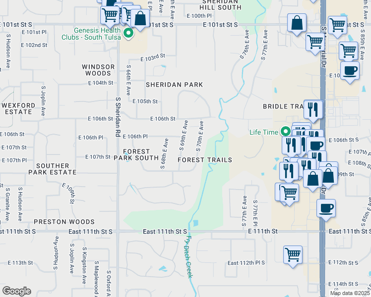 map of restaurants, bars, coffee shops, grocery stores, and more near 10707 South 69th East Avenue in Tulsa
