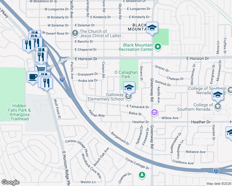 map of restaurants, bars, coffee shops, grocery stores, and more near 693 Scenic Tierra Lane in Henderson