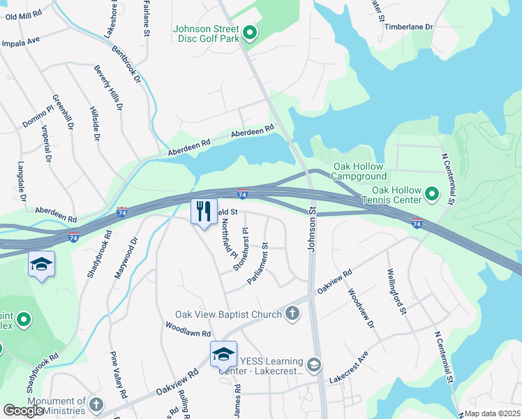 map of restaurants, bars, coffee shops, grocery stores, and more near 3702 Westfield Street in High Point