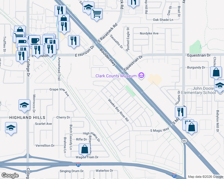 map of restaurants, bars, coffee shops, grocery stores, and more near 523 Moses Lake Court in Henderson