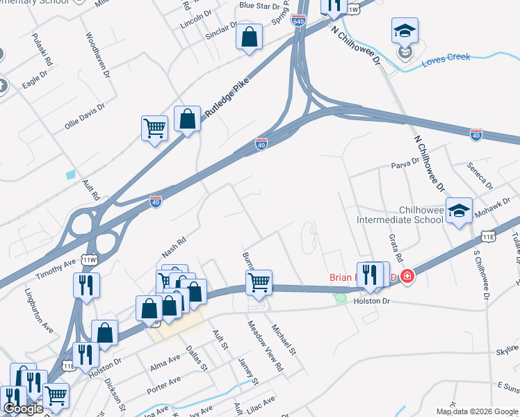 map of restaurants, bars, coffee shops, grocery stores, and more near 428 Burns Road in Knoxville