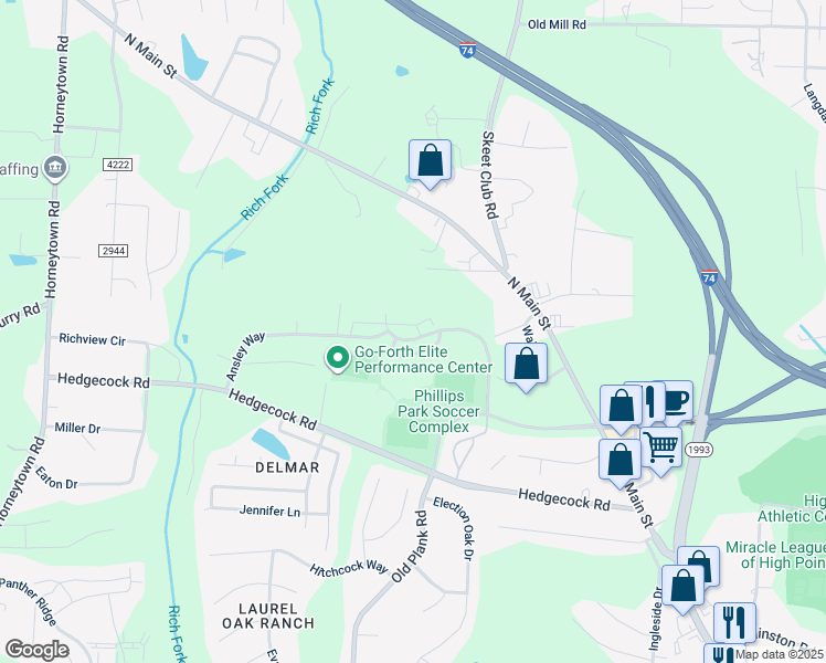 map of restaurants, bars, coffee shops, grocery stores, and more near 450 Ridgebrooke Drive in High Point