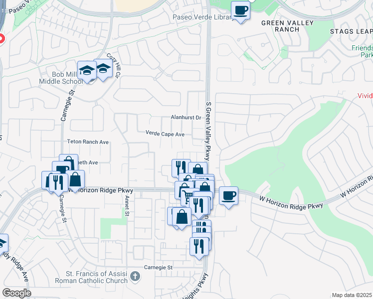 map of restaurants, bars, coffee shops, grocery stores, and more near 512 Melrose Heights Street in Henderson