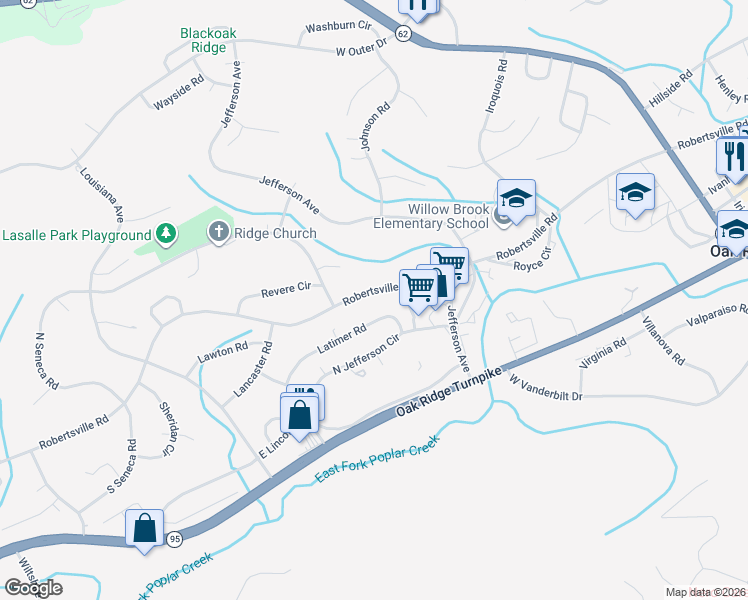 map of restaurants, bars, coffee shops, grocery stores, and more near 367 Robertsville Road in Oak Ridge