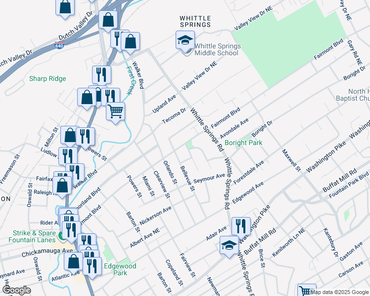 map of restaurants, bars, coffee shops, grocery stores, and more near 2504 Fairmont Boulevard in Knoxville
