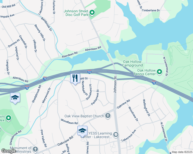 map of restaurants, bars, coffee shops, grocery stores, and more near 3702 Westfield Street in High Point