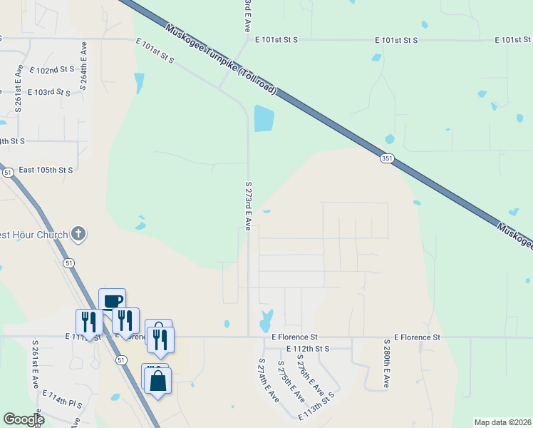 map of restaurants, bars, coffee shops, grocery stores, and more near 10685 South 273rd East Avenue in Coweta