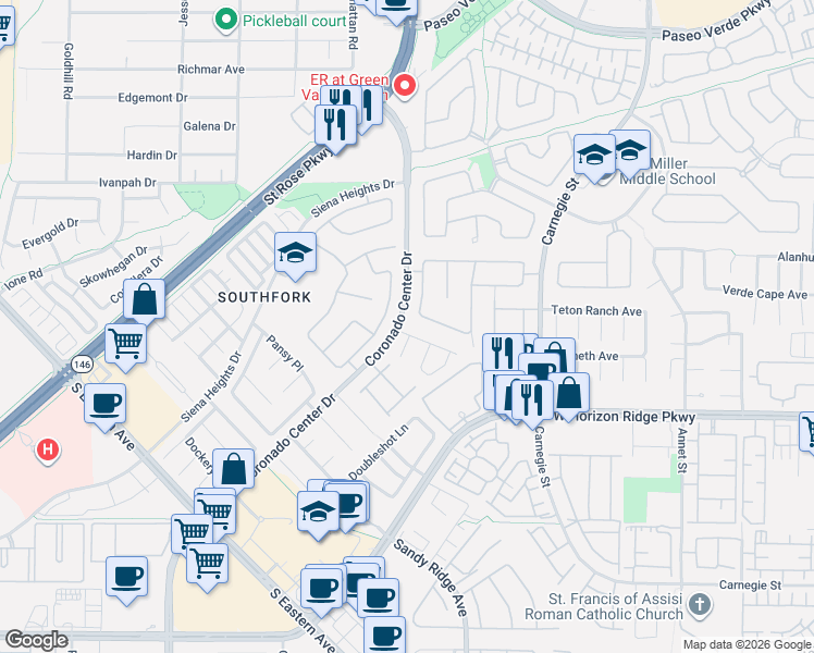 map of restaurants, bars, coffee shops, grocery stores, and more near 521 Whitewood Drive in Henderson