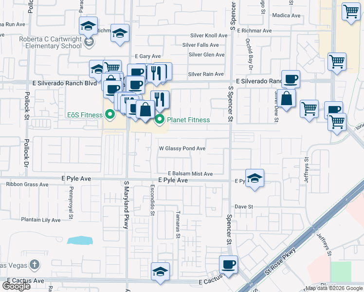 map of restaurants, bars, coffee shops, grocery stores, and more near 1505 Falling Snow Avenue in Las Vegas