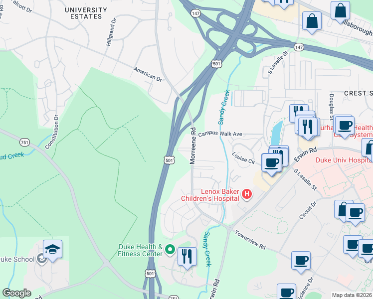 map of restaurants, bars, coffee shops, grocery stores, and more near 930 Morreene Road in Durham