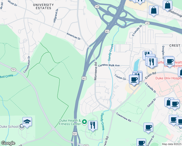 map of restaurants, bars, coffee shops, grocery stores, and more near 930 Morreene Road in Durham