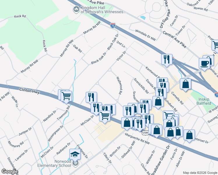 map of restaurants, bars, coffee shops, grocery stores, and more near 5708 Ridgefield Road in Knoxville