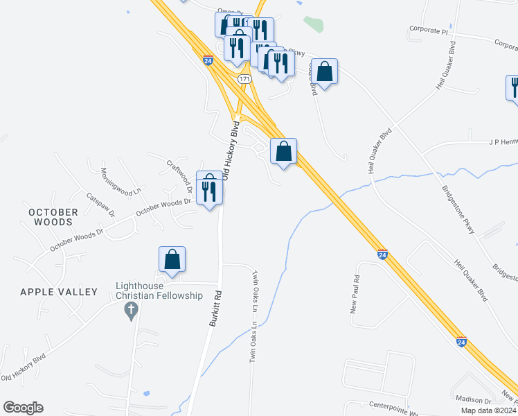 map of restaurants, bars, coffee shops, grocery stores, and more near 13153 Old Hickory Boulevard in Nashville
